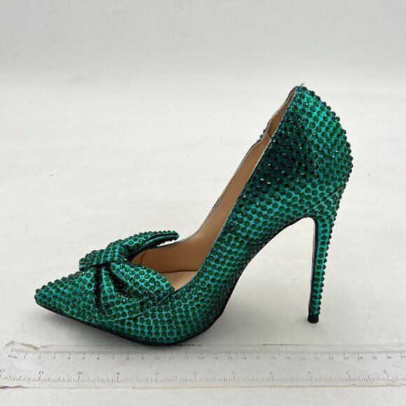 FSJ Green Pointed Toe Rhinestone High Heel Wedding Pump Sexy Bowknot Dress Shoe - Picture 2 of 8